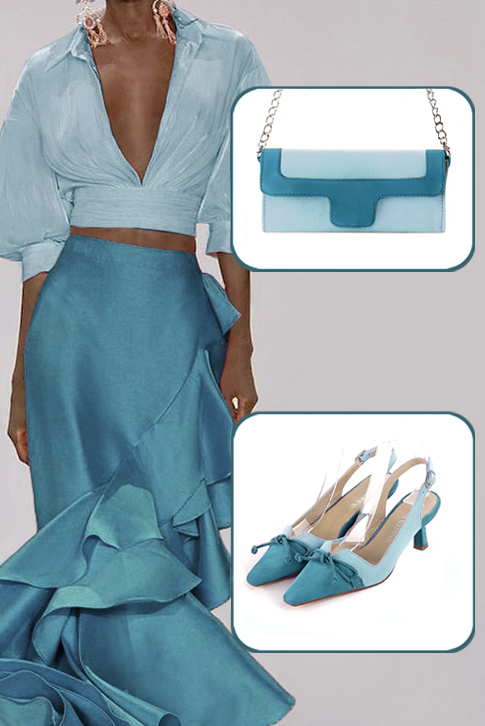 Women's peacock blue and sky blue elegant slingback heels, with a bow on the front. Tapered toe. Medium spool heels - Top view